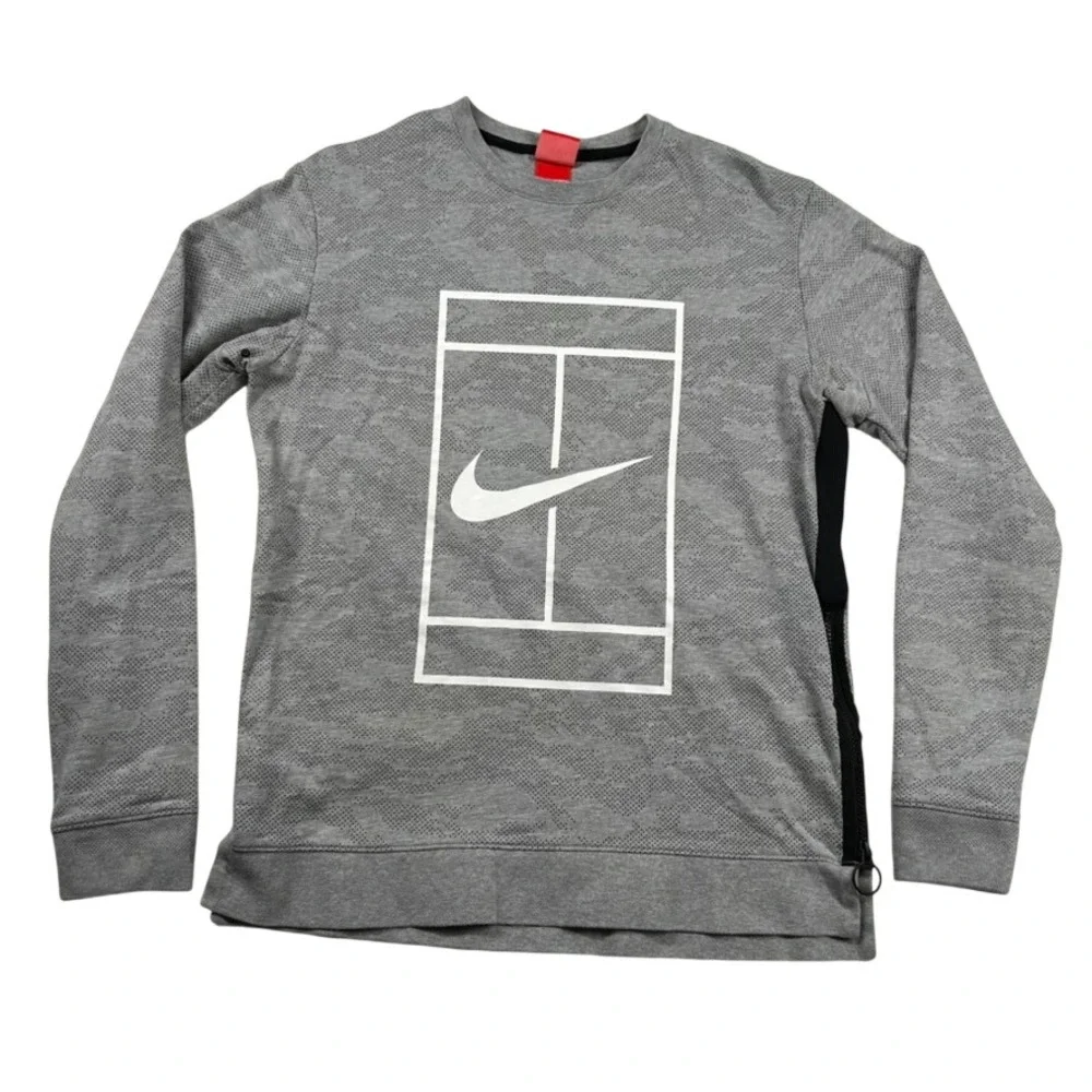 Nike Court Tennis Graphic Sweatshirt Womens M Gray Camo Side Zip Pullover